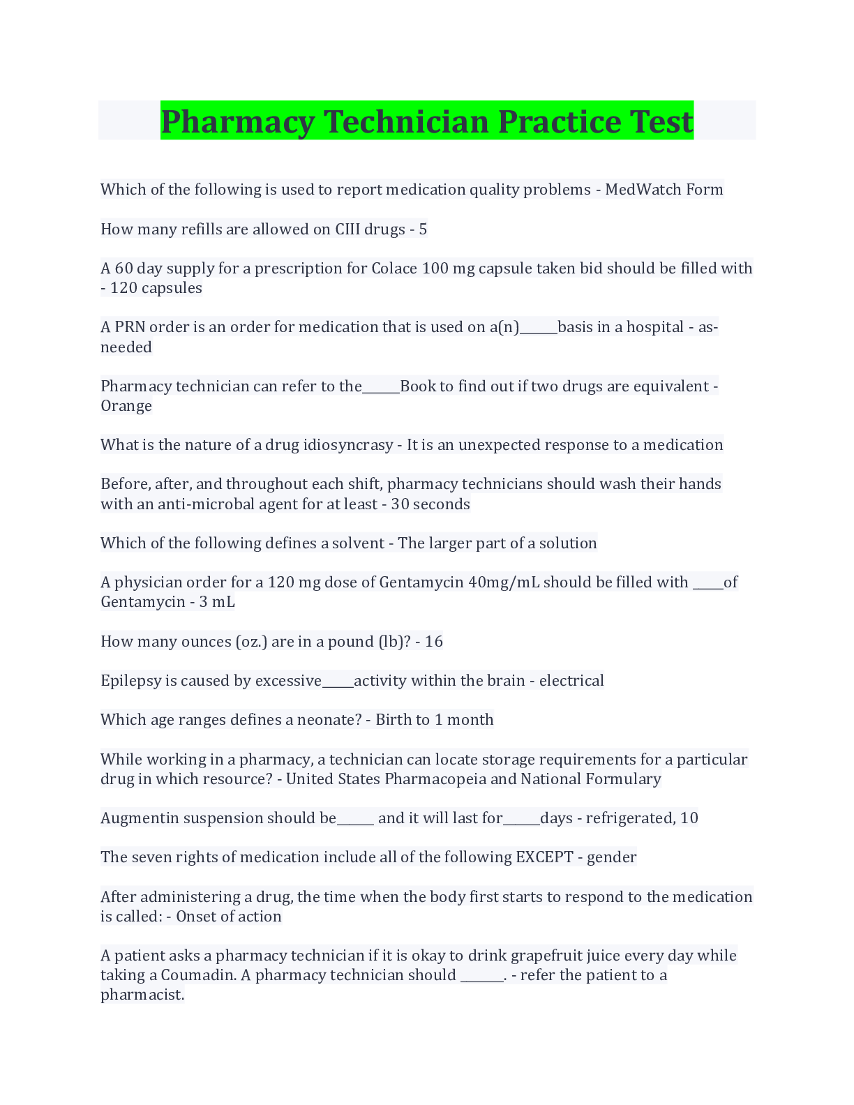 Preview image for Pharmacy Technician Practice Test Questions And Answers( Latest Update With Complete Solution) Download.